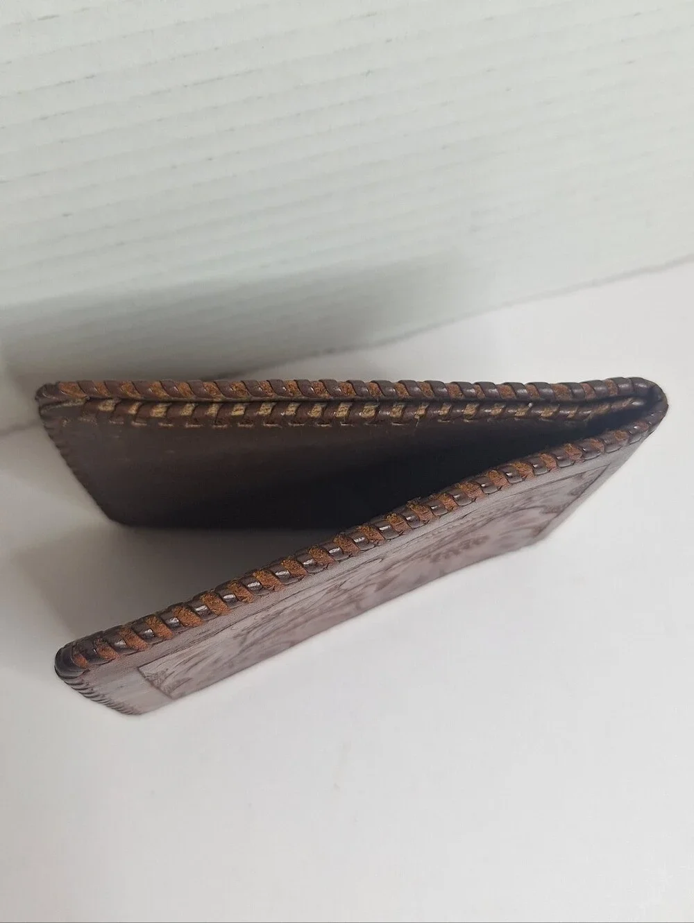 VTG Tooled Leather Wallet Mens Brown Bifold Floral Embossed Western Braided Edge